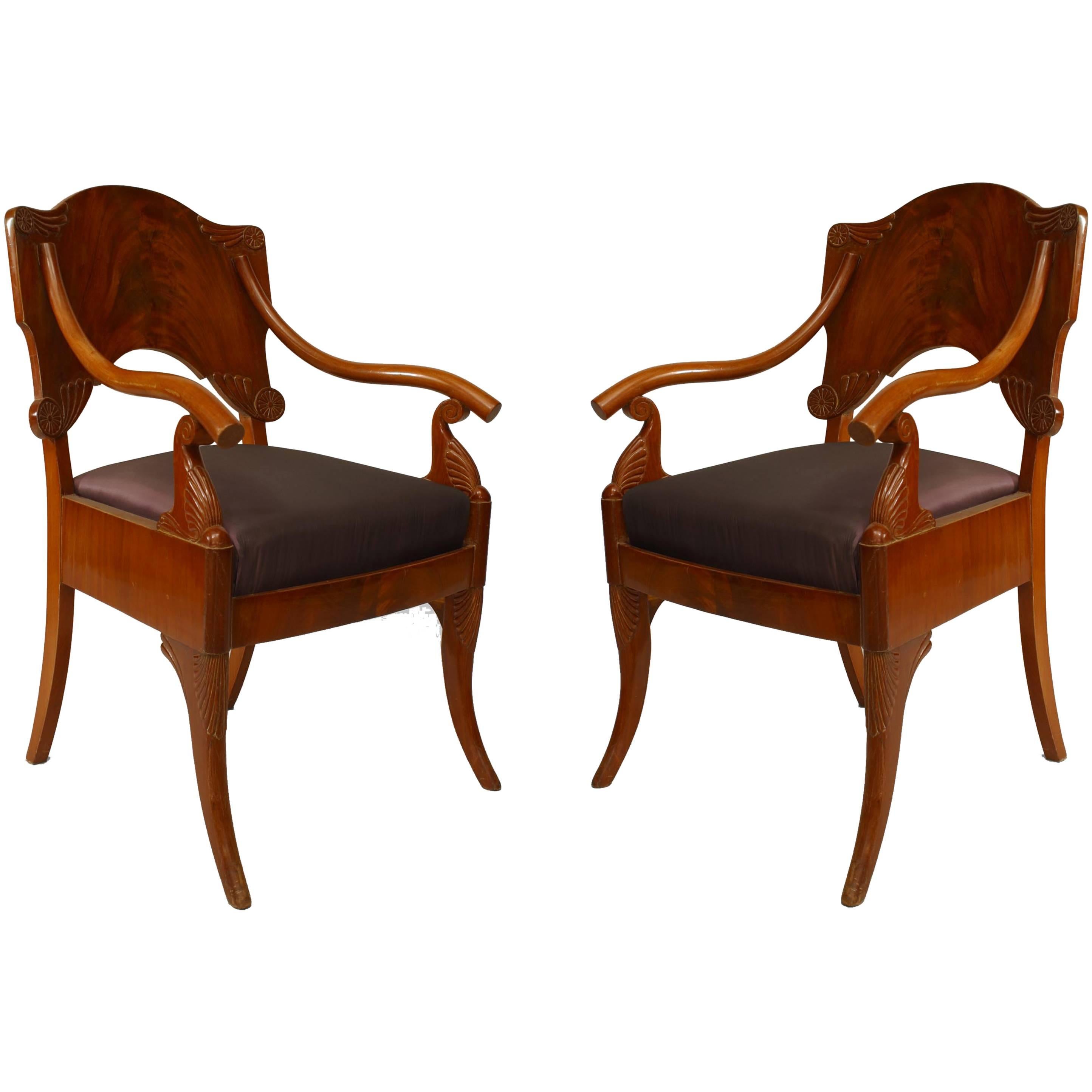 Pair of Russian Mahogany Foliate Armchairs For Sale