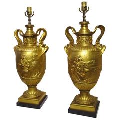 Pair of Large 19th Century Gilt Bronze Urn Lamps, Signed F. Barbedienne