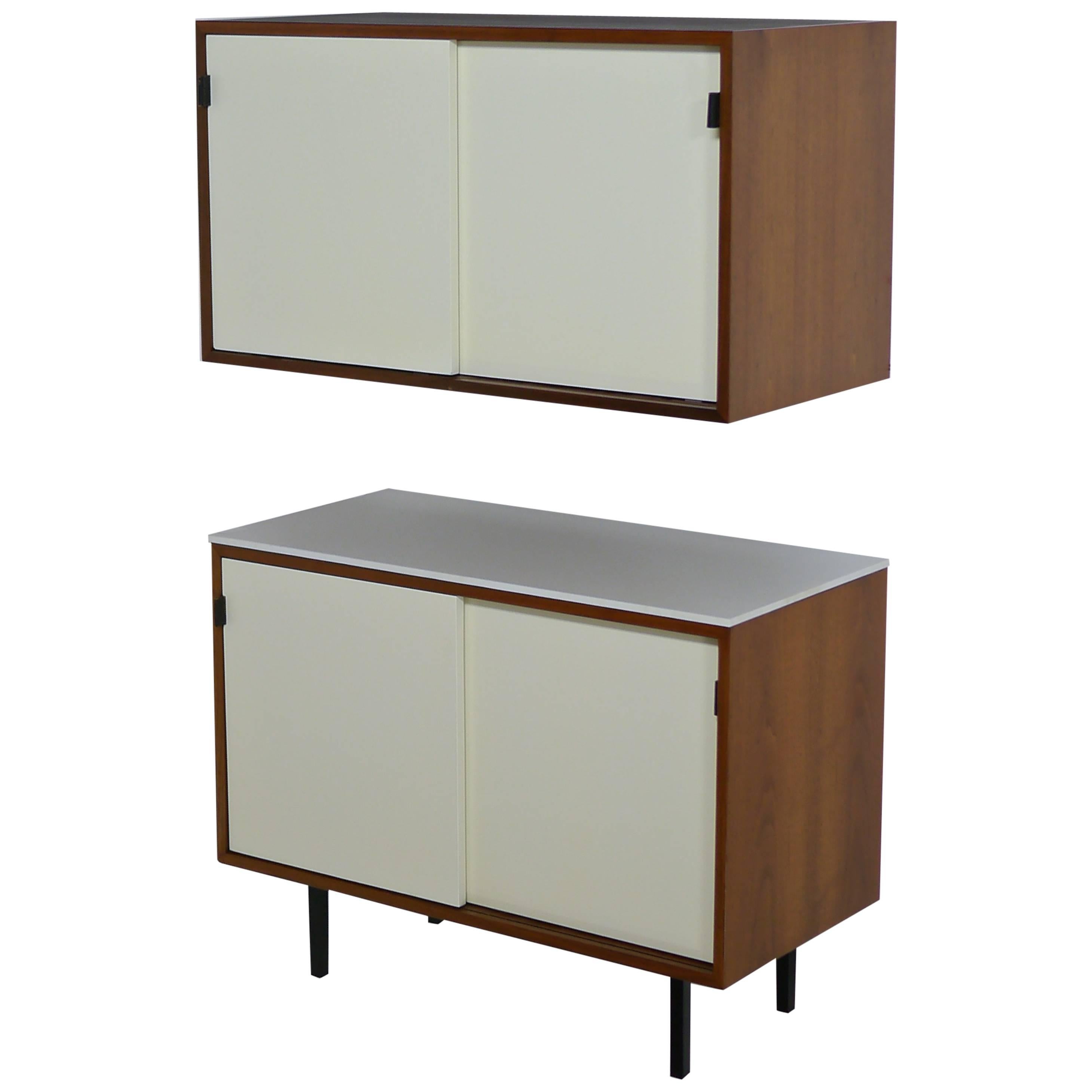 Pair of Knoll Bar Credenzas in White Lacquer, Walnut and Vitrolite