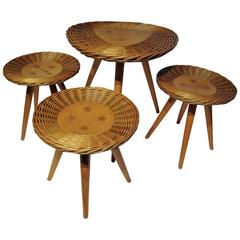Vintage Üluv Whole Table and Stools, Wicker and Beech of Slovakia Origin