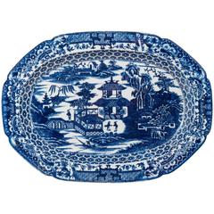 Antique Late 18th Century English Blue and White Platter with the "Willow" Pattern