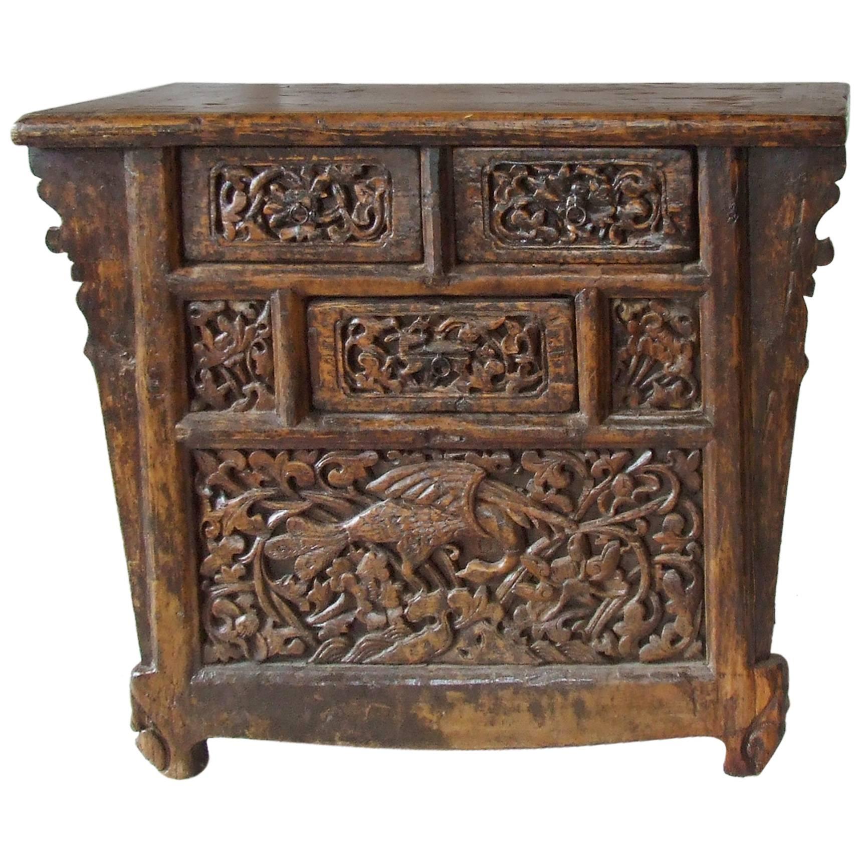 Antique Chinese Hand-Carved Elmwood Coffer, Early 20th Century For Sale