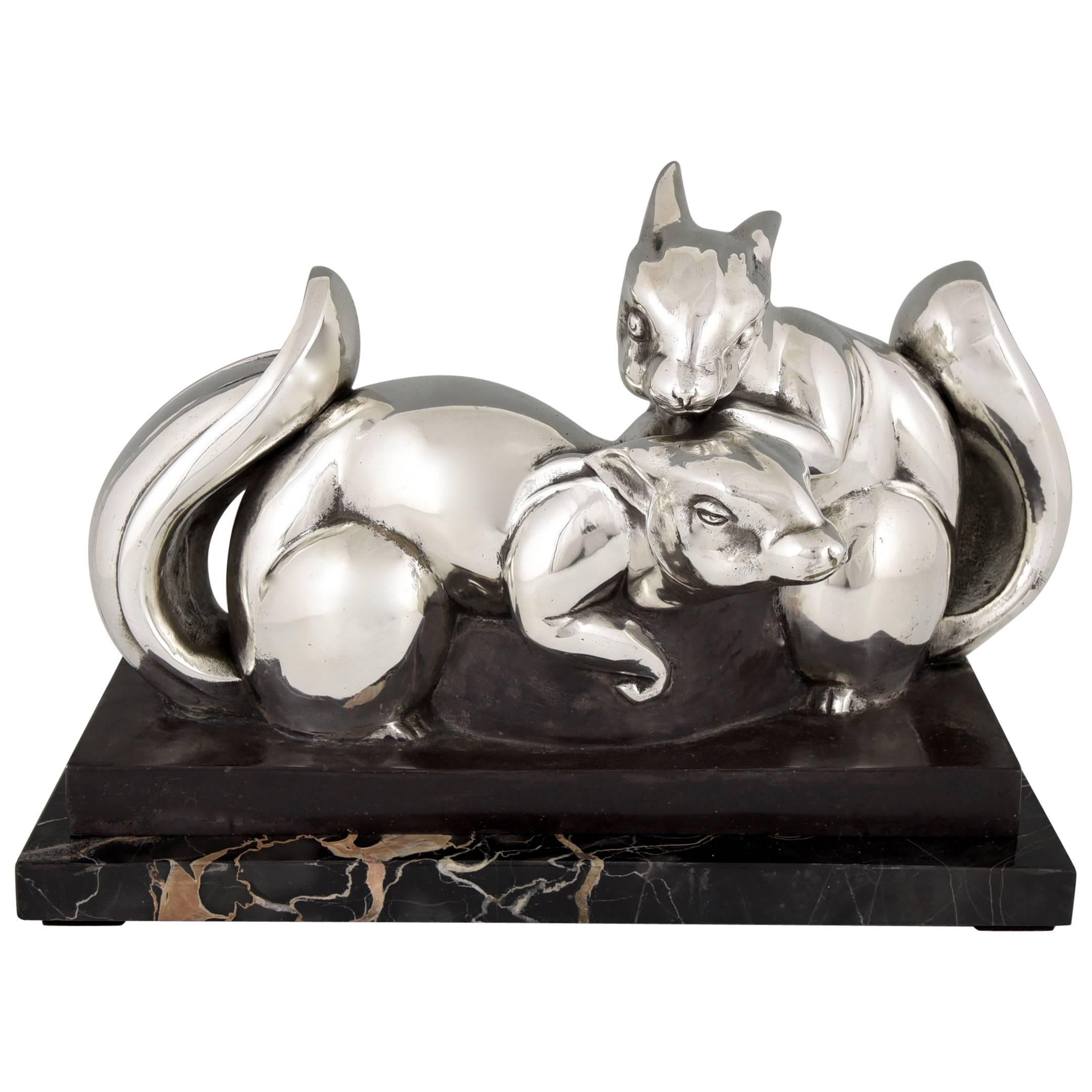 Jean de la Fontinelle Art Deco Silvered Bronze Squirrel Sculpture France 1930