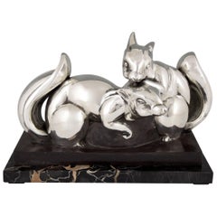 Vintage Jean de la Fontinelle Art Deco Silvered Bronze Squirrel Sculpture France 1930