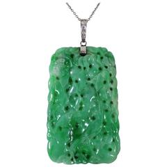 Vintage Chinese Platinum and Jade Carved Pendant Necklace