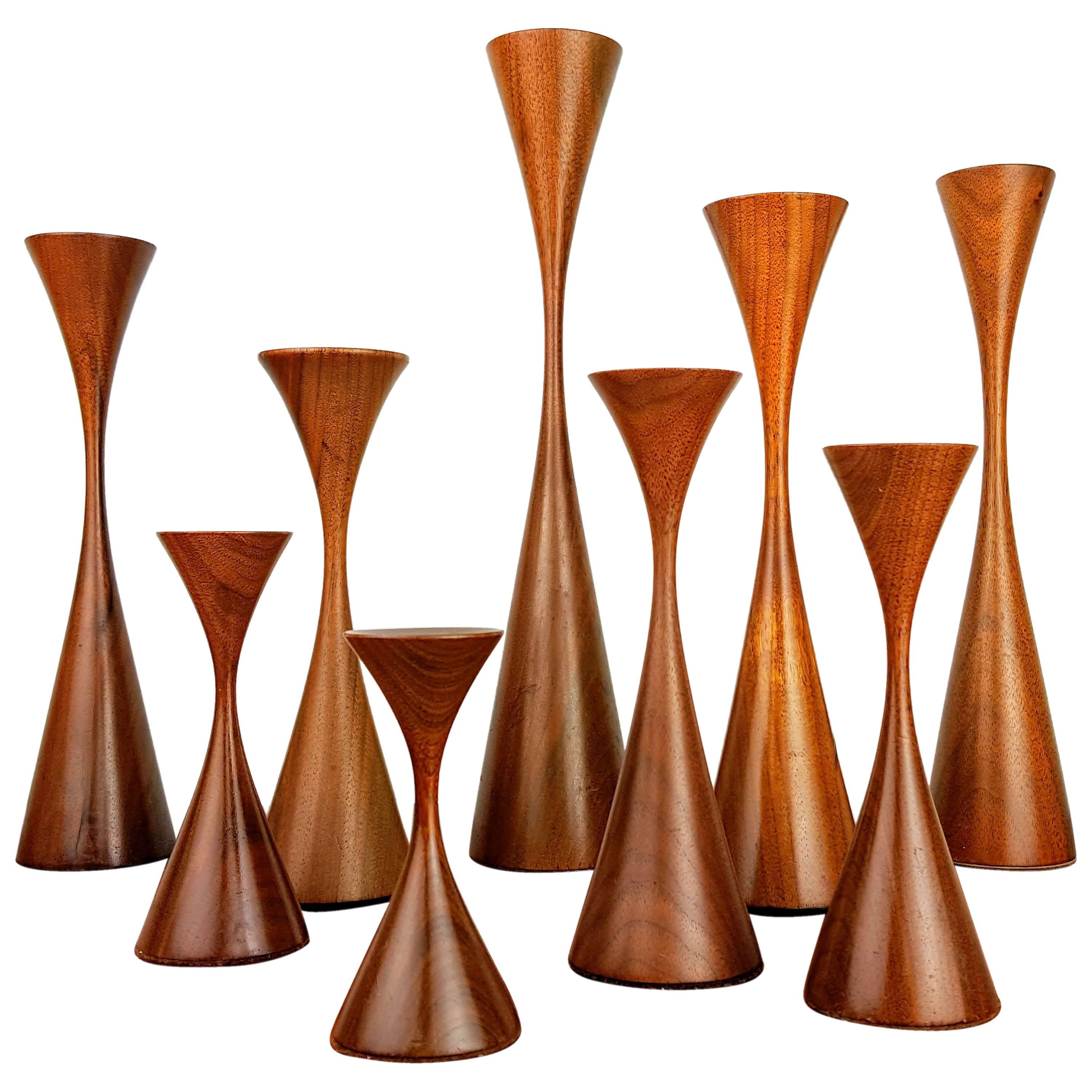 Grouping of Nine Masterfully Turned Wood Candlesticks by Rude Osolnik, 1970s