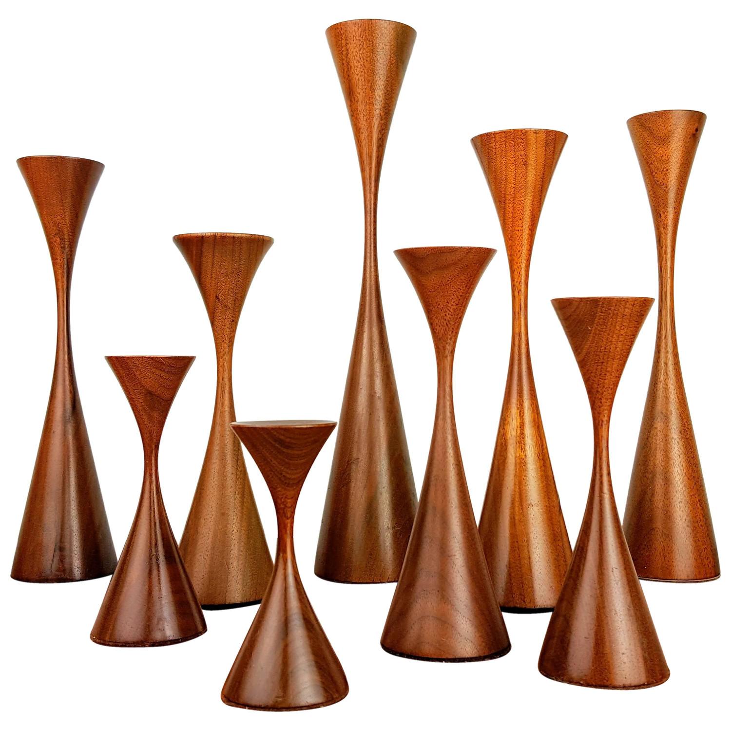 Grouping of Nine Masterfully Turned Wood Candlesticks by Rude Osolnik