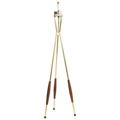 Brass and Walnut Tripod Floor Lamp by Gerald Thurston for Lightolier