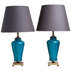 Pair of Turquoise Glass Table Lamps on Bronze Mounts, 1960s