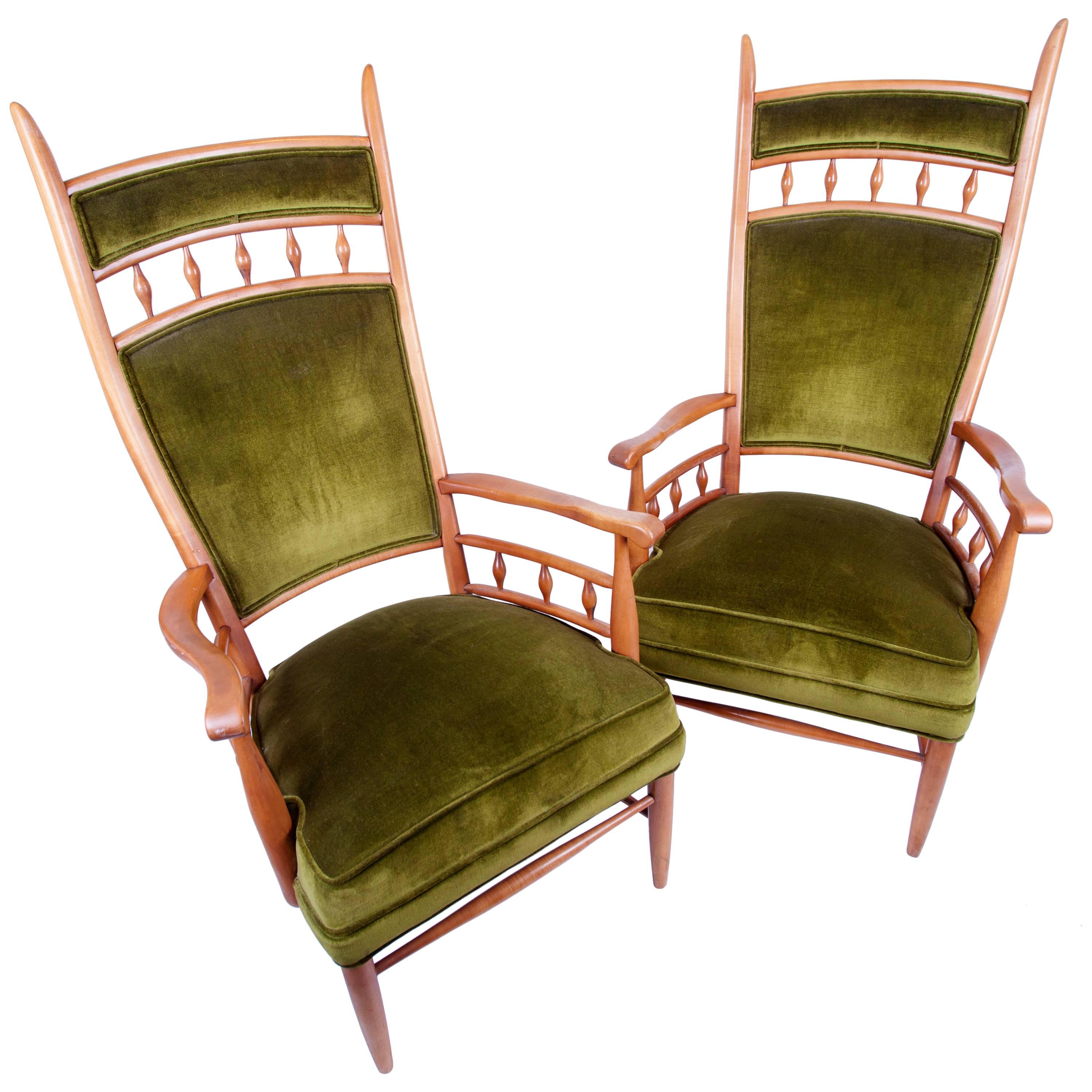 Pair of Tall Fruitwood Framed Armchairs by Maxwell Royal. C. 1950's. For Sale
