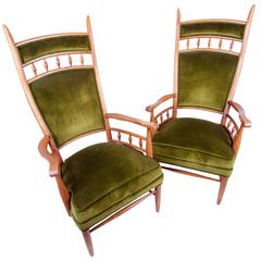 Pair of Tall Fruitwood Framed Armchairs by Maxwell Royal. C. 1950's.