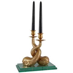 Brass Dolphin Candlesticks on Glass Base 