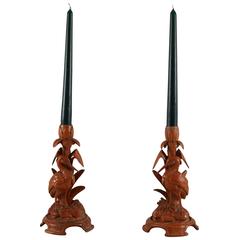 Pair of Carved Basswood Candle Sticks with Crane and Leaves