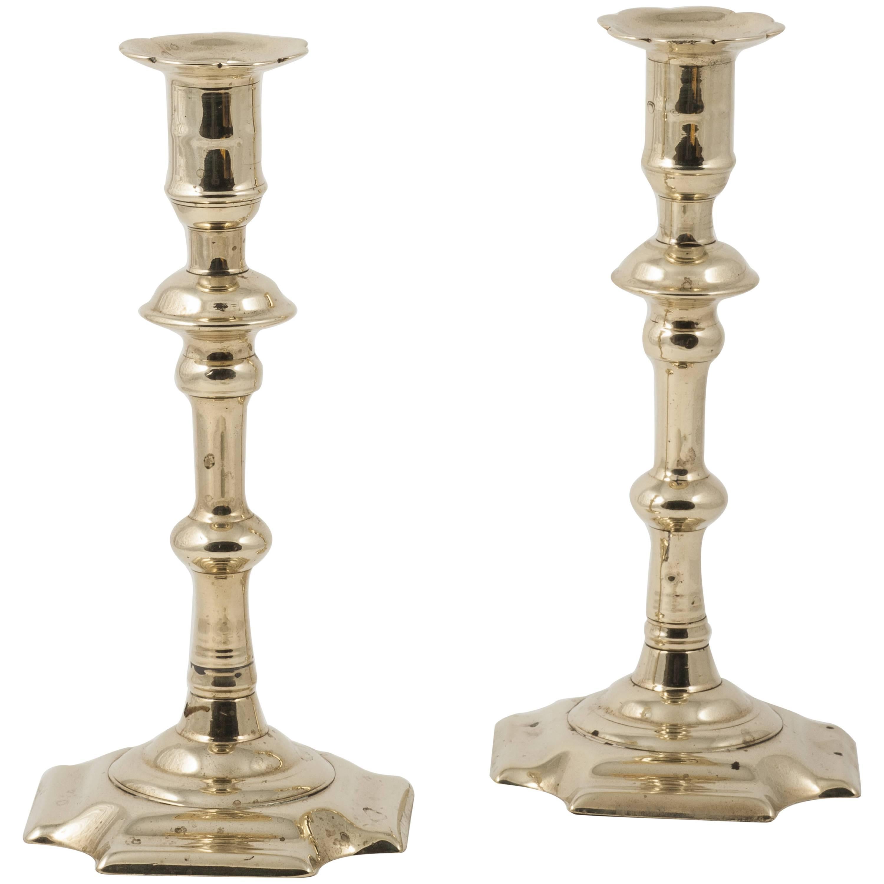 Rare Pair of Brass Georgian Candlesticks Stamped by the Maker "Geo Grove" For Sale