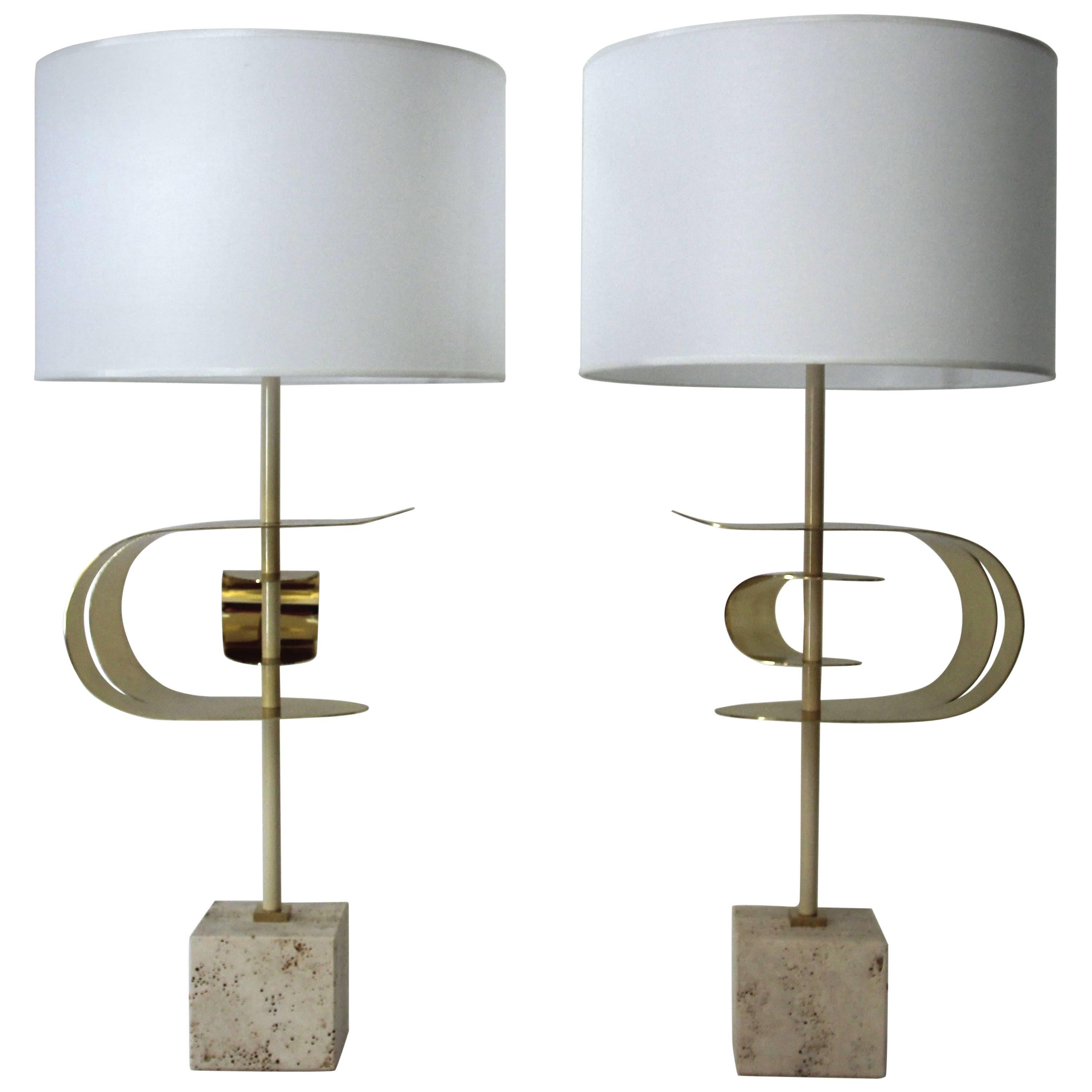 Angelo Brotto, Pair of Lamps, Brass and Travertine Base, circa 2000, Italy