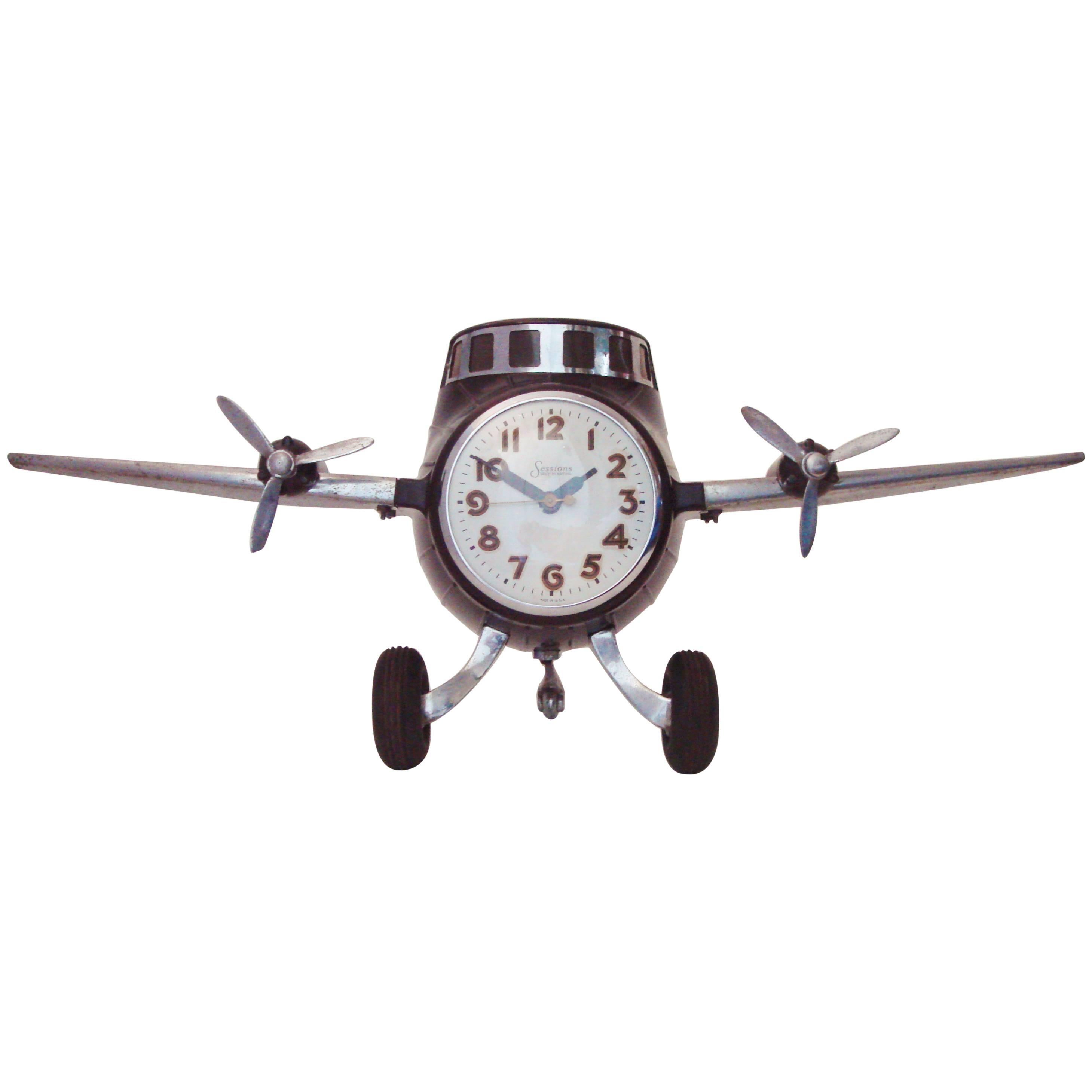 American Art Deco Chrome & Bakelite "Airliner" Electric Clock & Lamp by Sessions