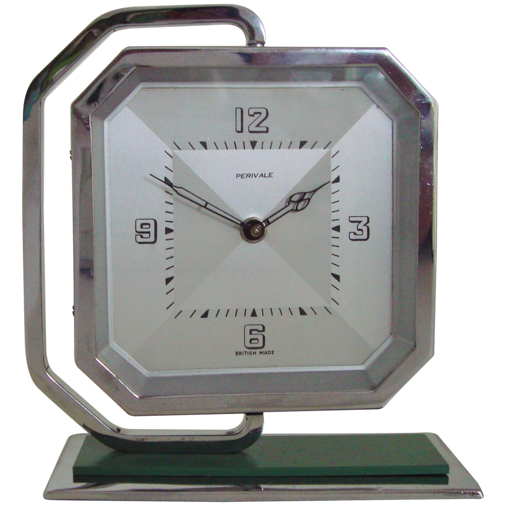 English Art Deco Chrome & Green Enamel Octagonal Swivel Desk Clock by Perivale. For Sale