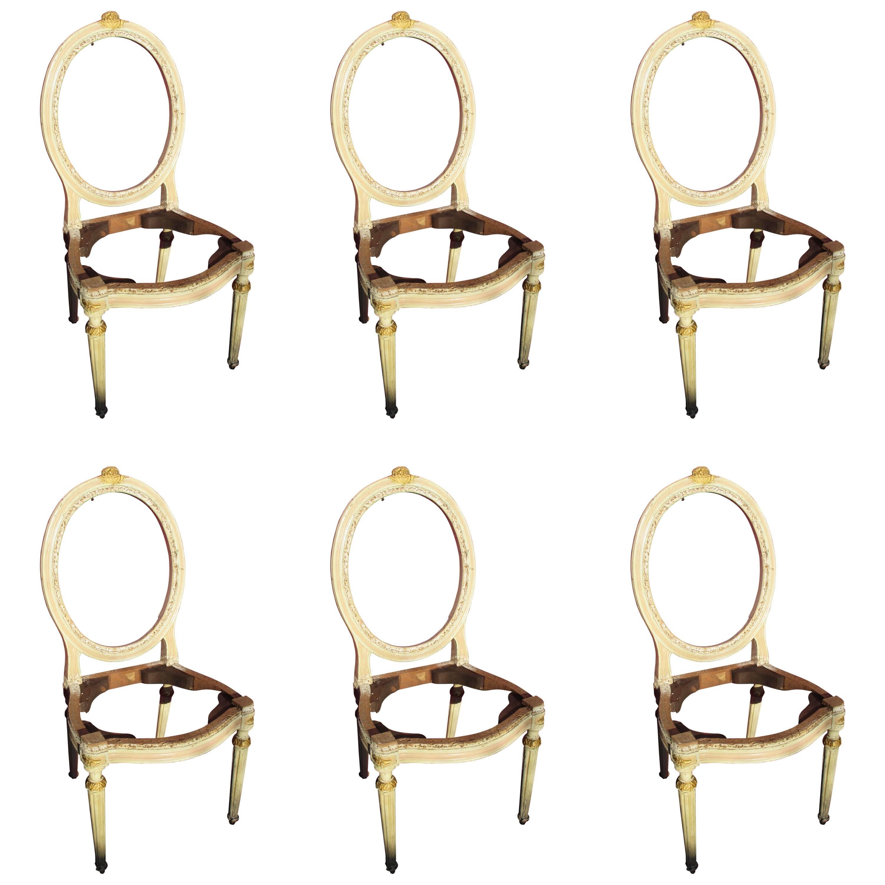 Set of Six Well-Provenance Louis XVI White Lacqueŕ Painted Boudoir Chairs For Sale
