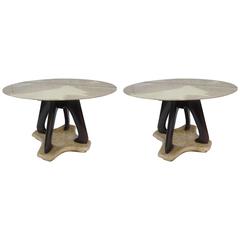 Vittorio Dassi Pair of Walnut, Marble, Brass and Parchment Tables, Italy, 1950