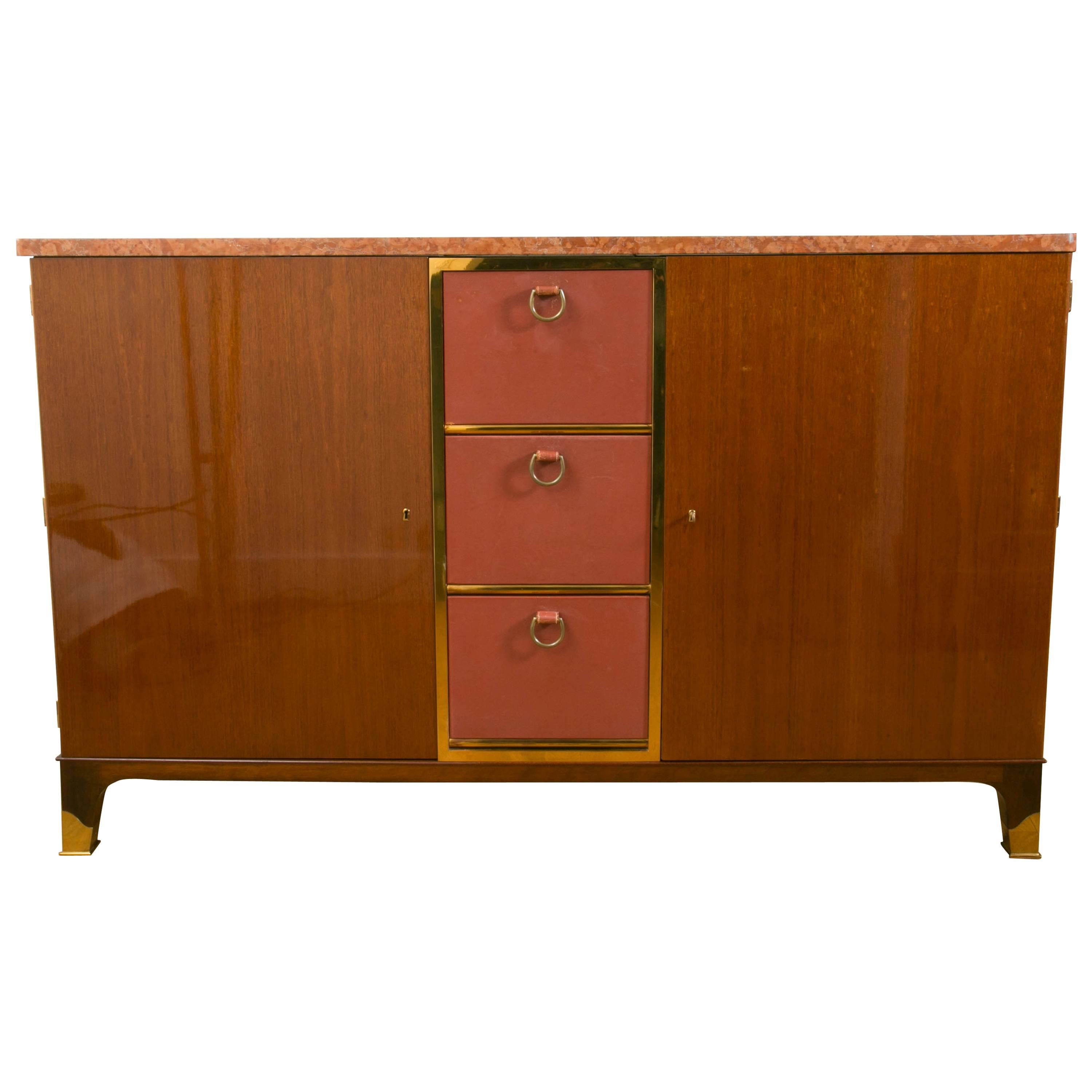 Rare mahogany and leather Sideboard cabinet, 1958, by P.Dupré-Lafon, France. For Sale