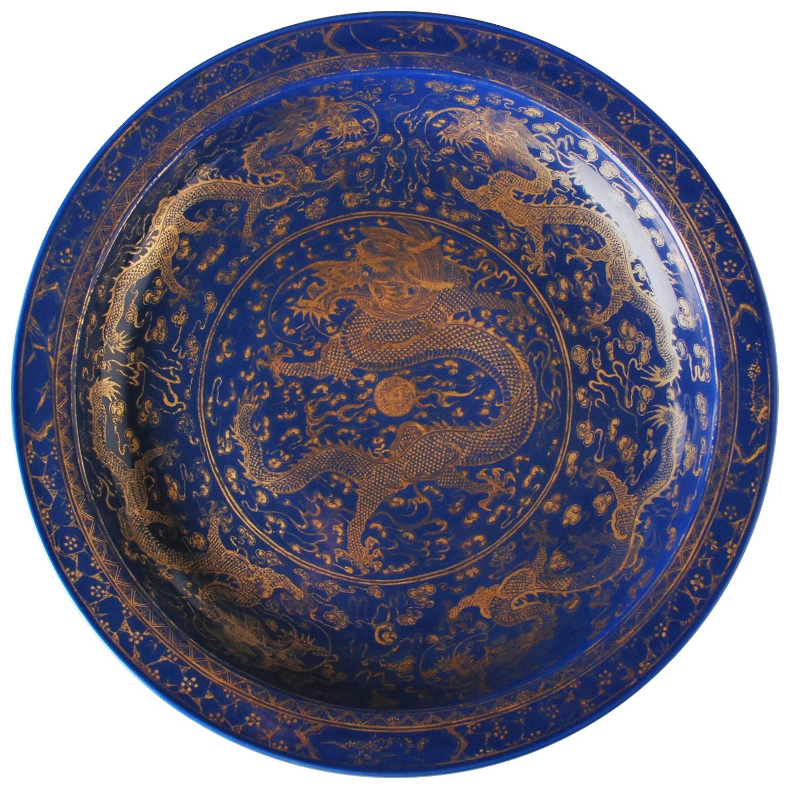 Chinese Powder Blue Large Deep Dish with Golden Dragons For Sale