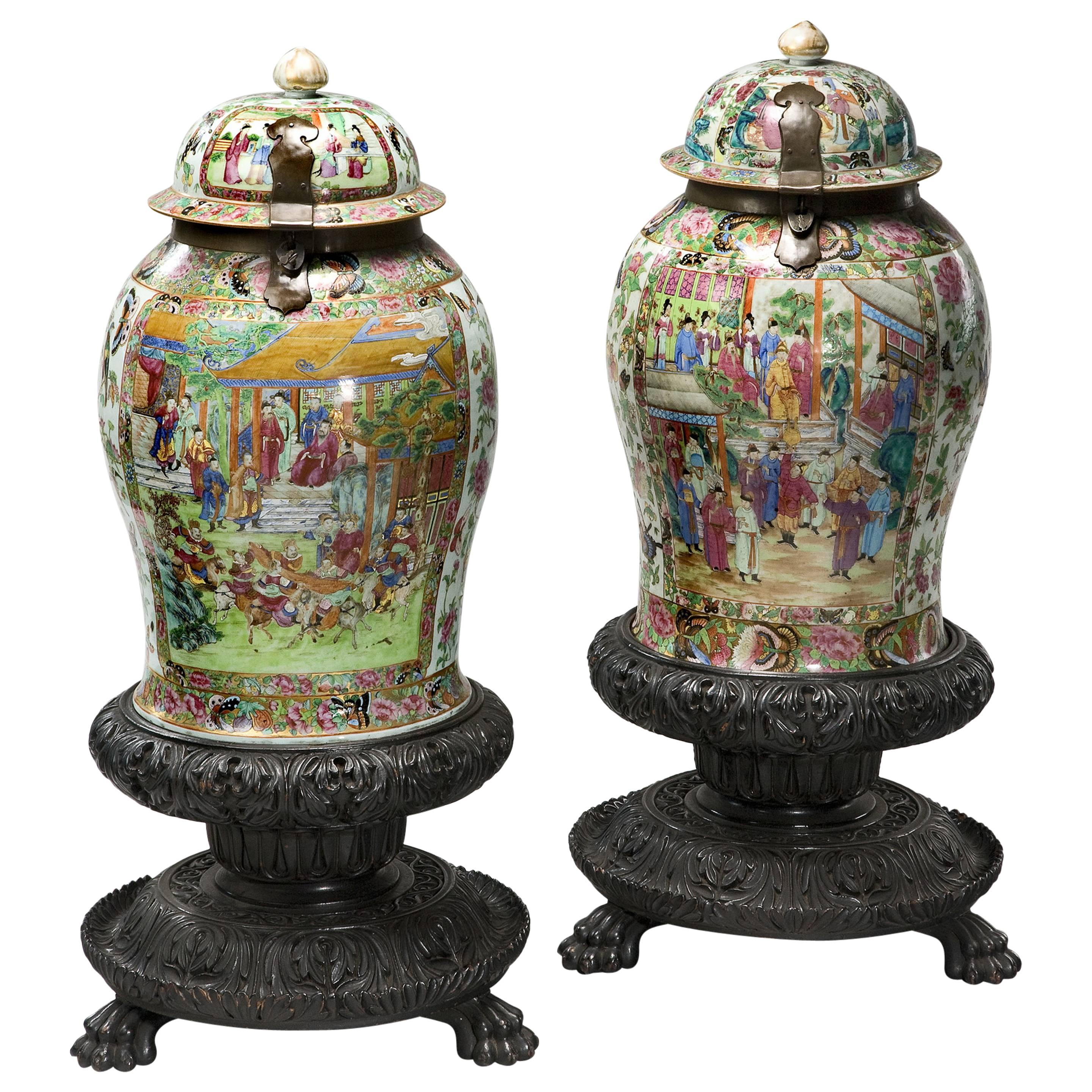Matched Pair of Cantonese Enameled Porcelain Standing Jars For Sale