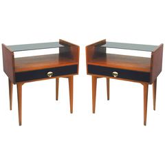 Pair of Italian Walnut and Black Glass Nightstands or End Tables, 1950s