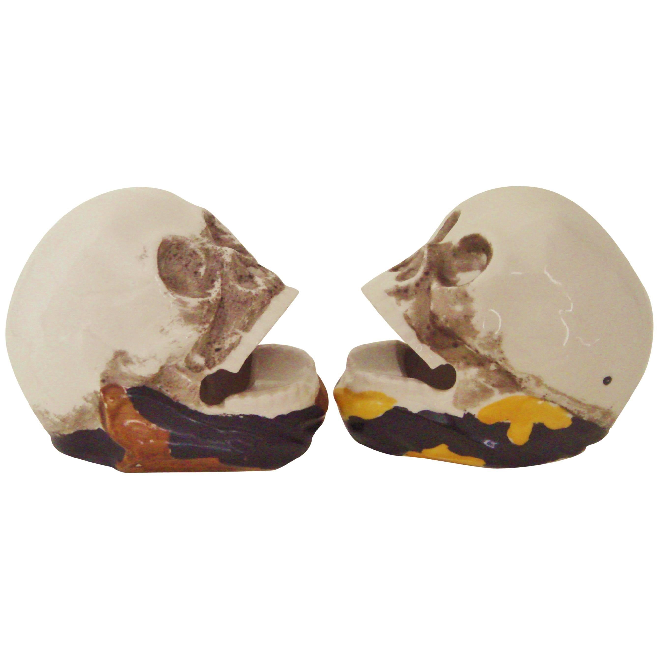 Pair of Japanese Mid-Century Skull Ashtrays by Shafford Hand Decorated China.