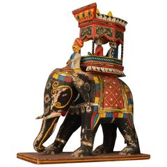 Vintage Carved Wood Statue, Toy of an Indian Elephant with Ambari, circa 1970