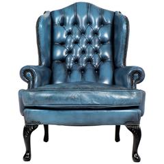 Vieux fauteuil Chesterfield Wingback en cuir bleu acier