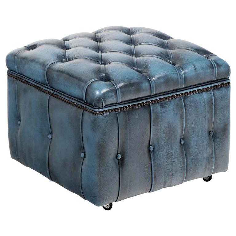 Vintage Steel Blue Leather Chesterfield, Blue Leather Ottoman
