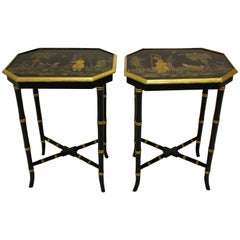 Antique Pair of Ebonized and Gilt-Japanned Polychrome Occasional Tables, Oriental Scenes