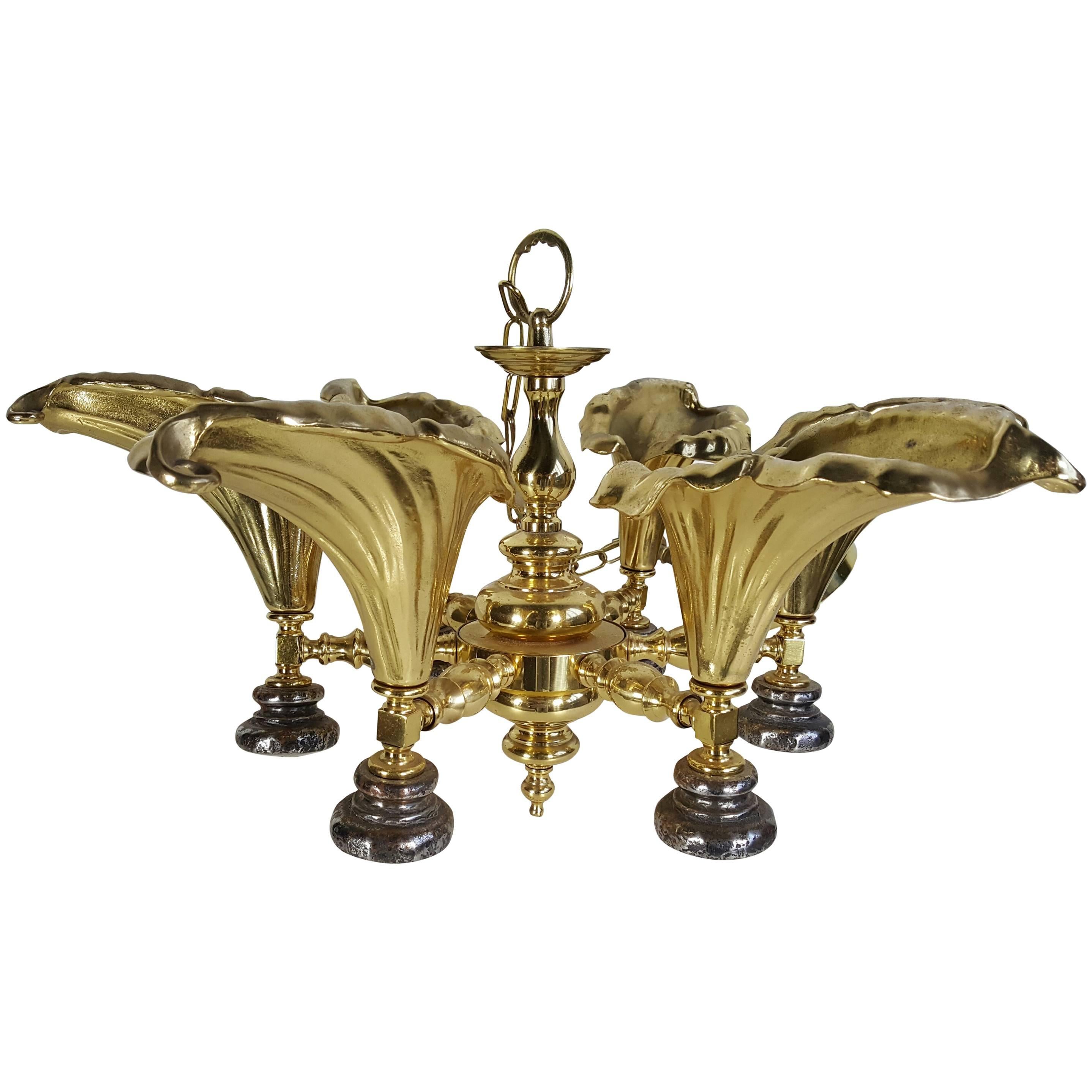 Unusual Cast Brass Hollywood Regency Calla Lily Hanging Fixture For Sale