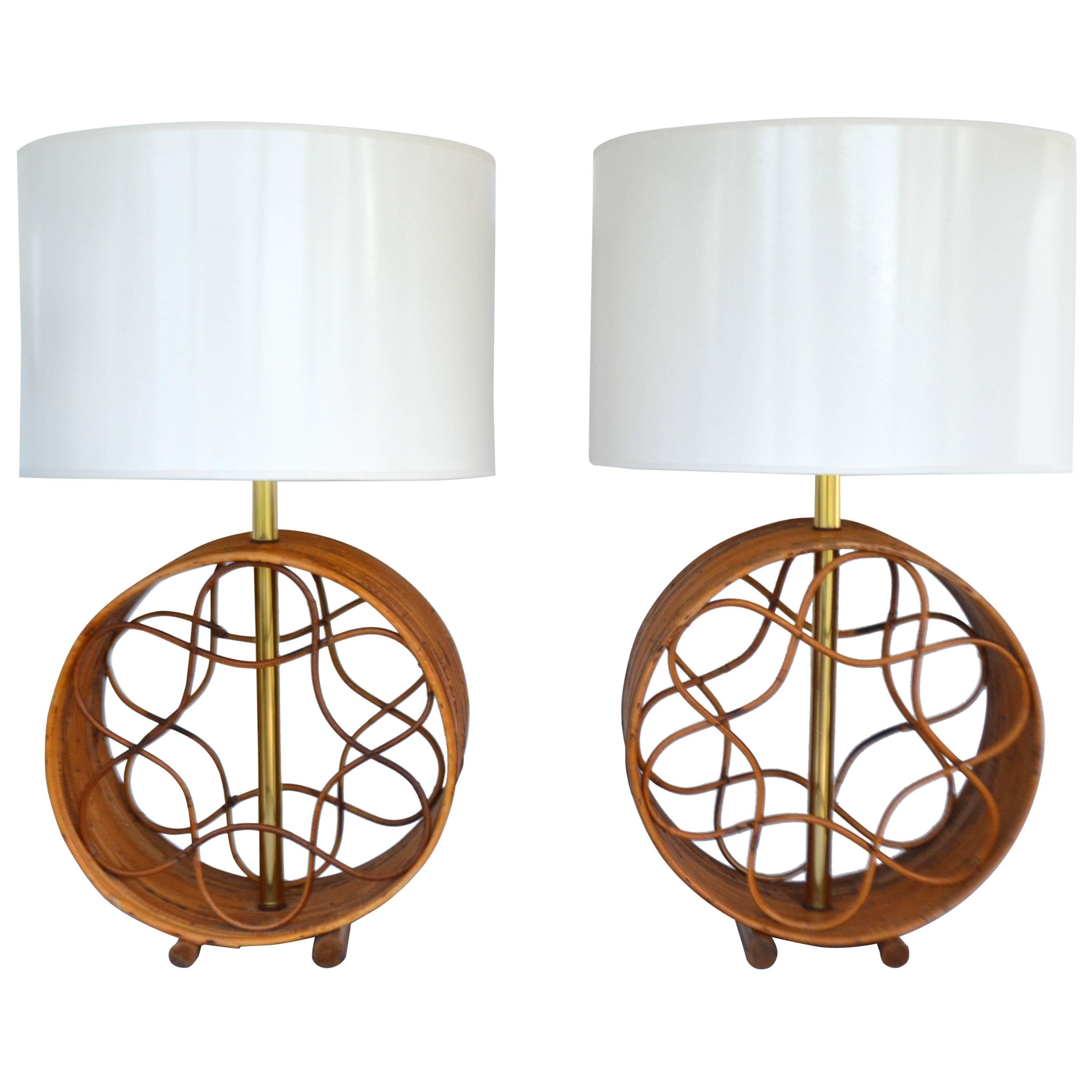 Pair of Mid-Century Bent Reed and Bamboo Table Lamps