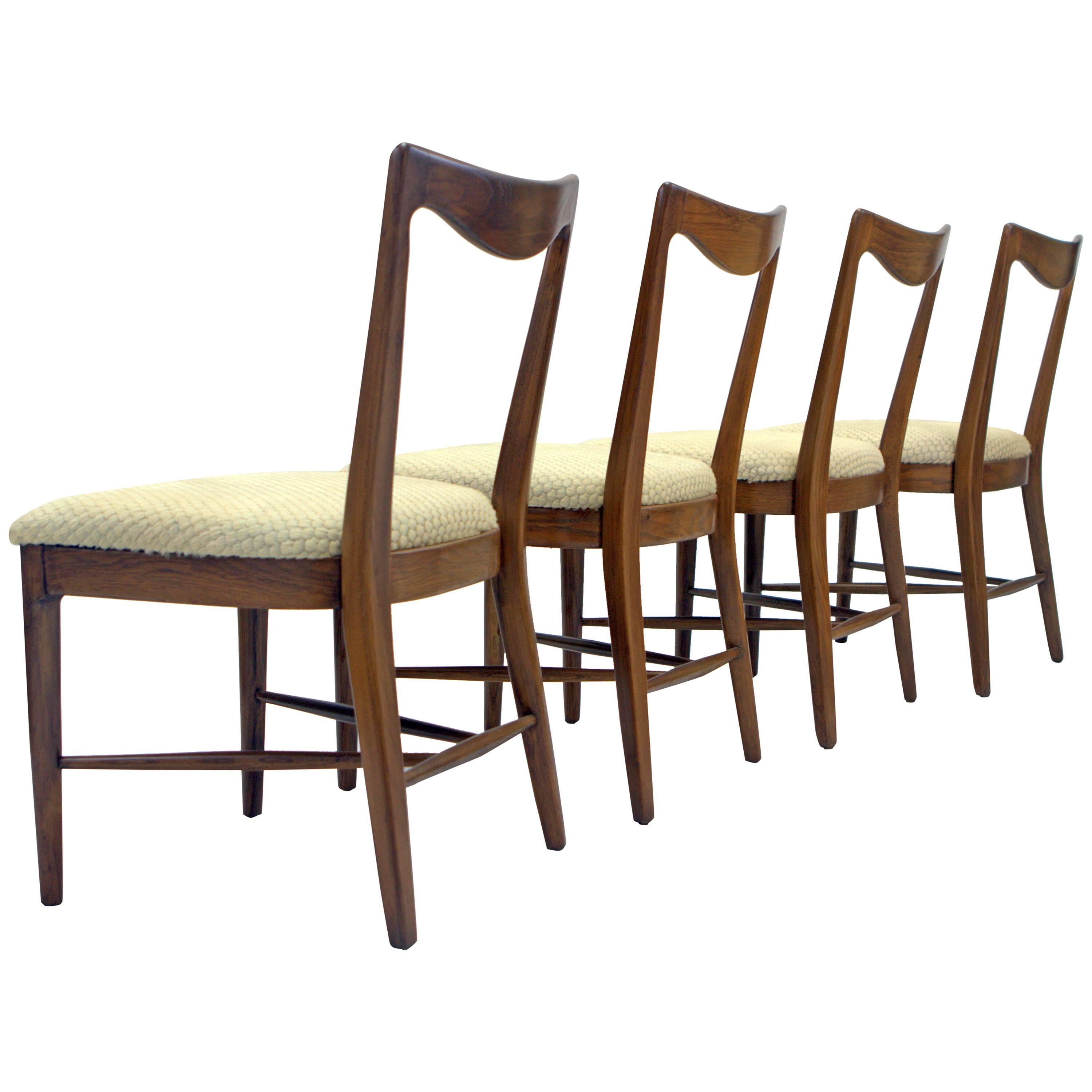 Set of Four Italian Walnut, Scalloped Hide Dining Chairs in Style of Paolo Buffa