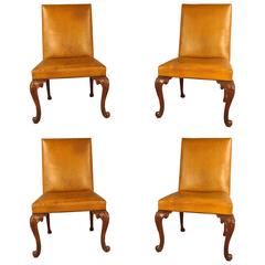 Antique Set of Four George II Style Mahogany Leather Upholstered Carved Side Chairs