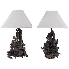Pair of Handmade Burl/Driftwood Table Lamps