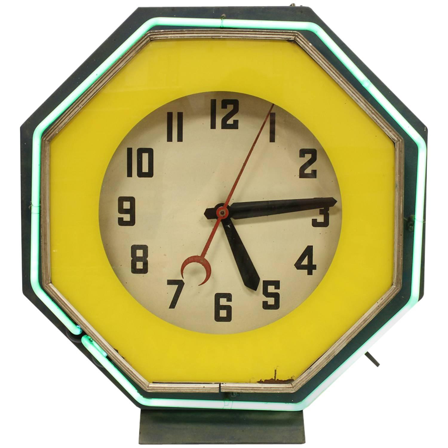 1930s American Green Neon Clock For Sale