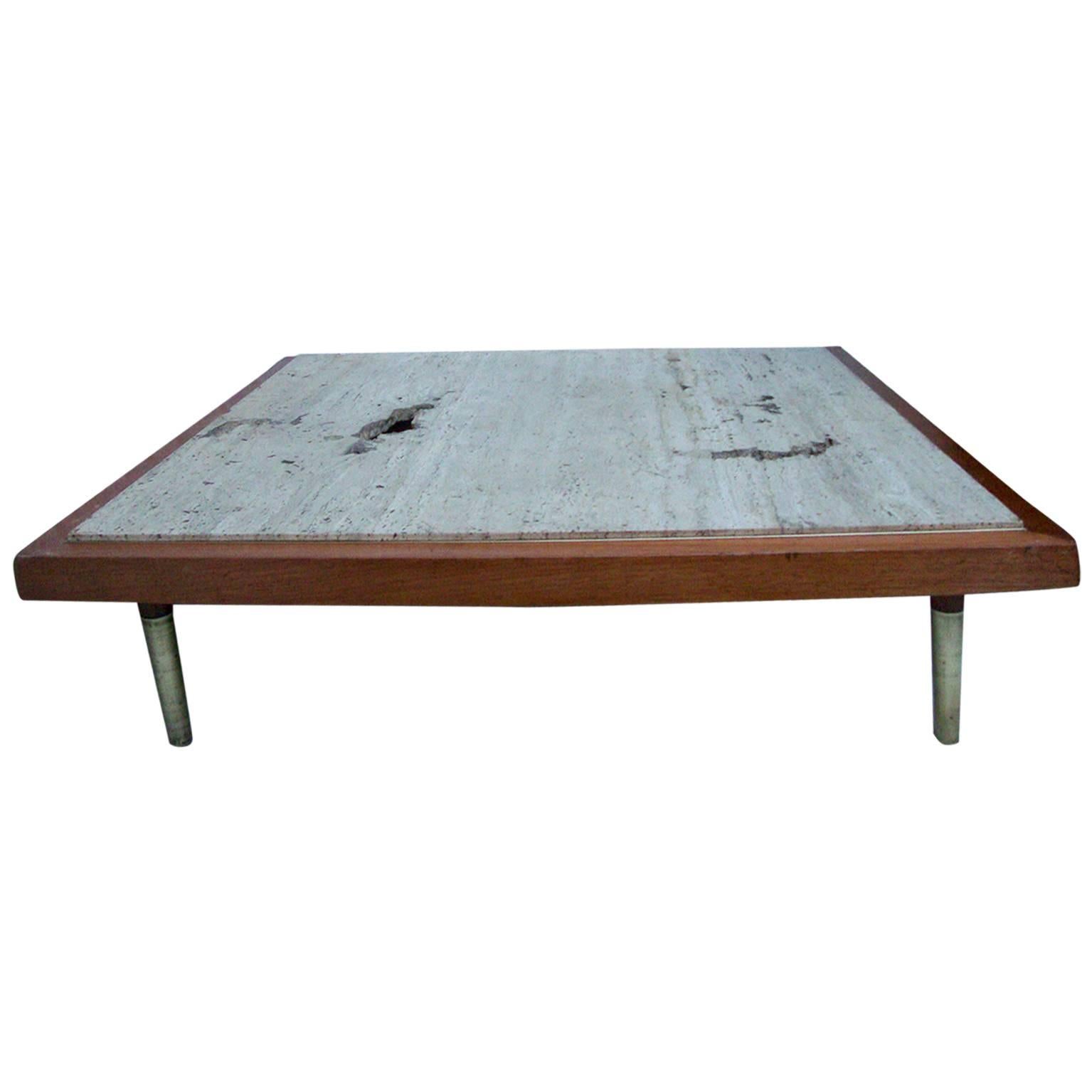 AMBIANIC presents:
Mexican Modernism Hipster Low Profile Square Coffee Table Travertine Stone Top with Rich Character.
Dimensions:  43D x 43W x 10H inches
Cracks display natural beauty of stone, please see images.
The stone is mounted on Solid