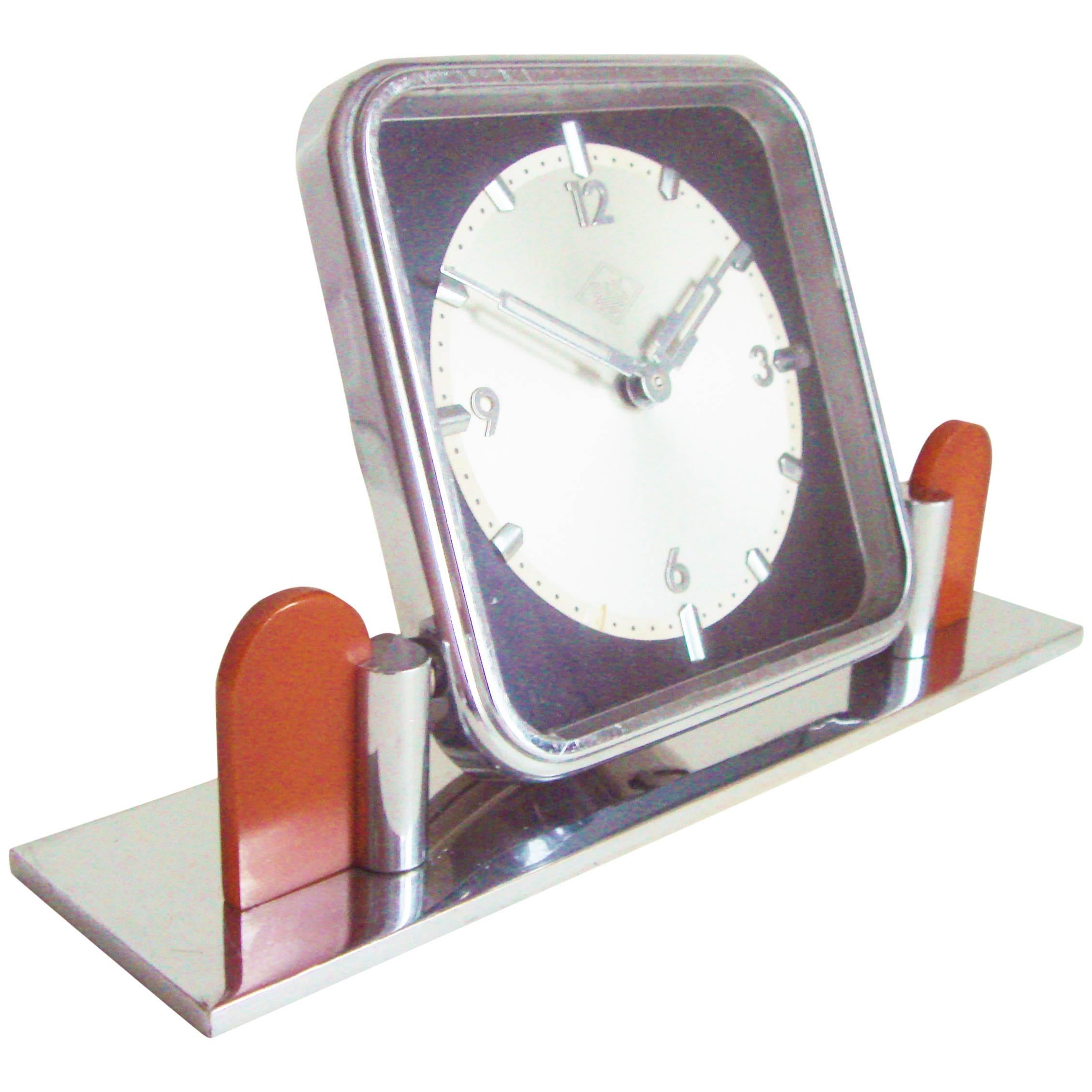 German Art Deco Chrome and Bakelite O&K Presentation Mechanical Table Clock For Sale