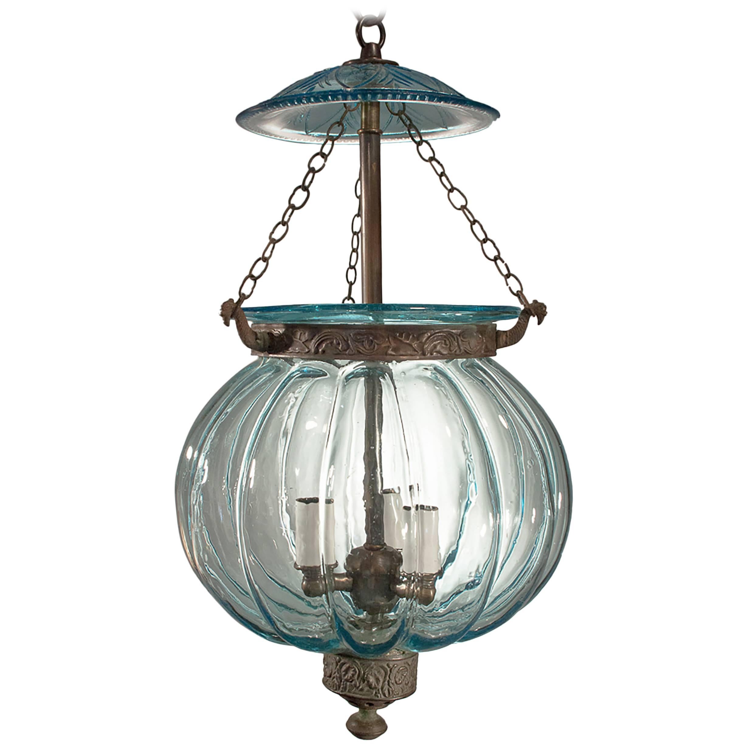 19th Century Blue Melon Bell Jar Lantern