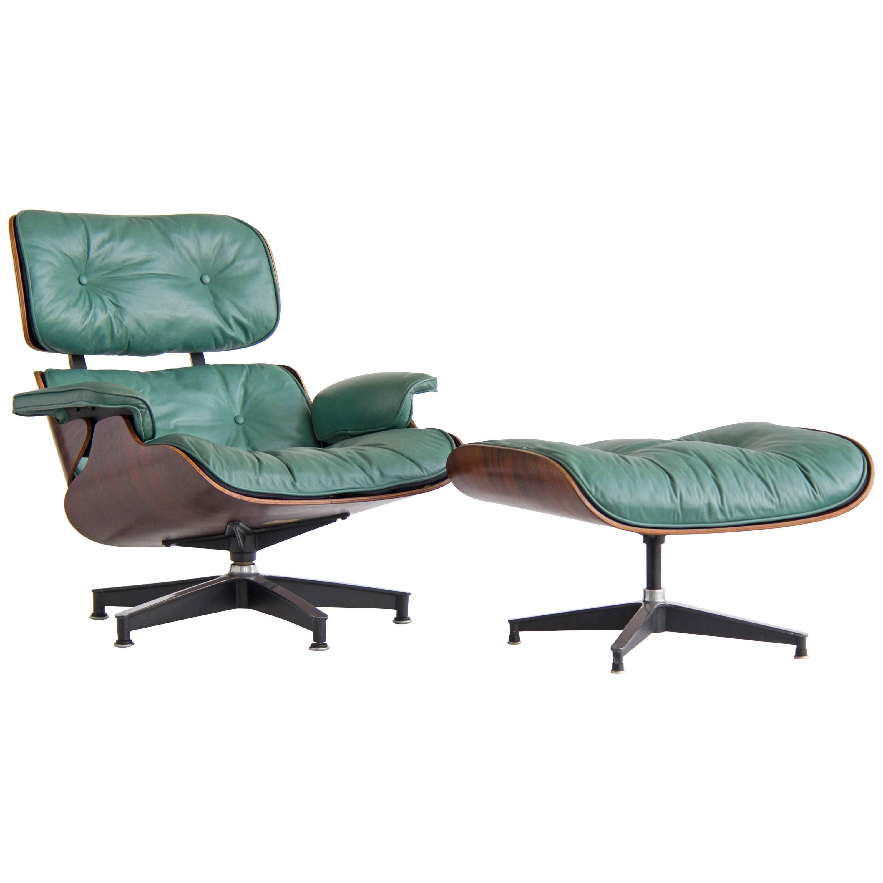 Early Special Order Green Leather Rosewood Eames Lounge Chair and Ottoman