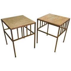 Pair of Mid-Century Brass and Travertine Side Tables