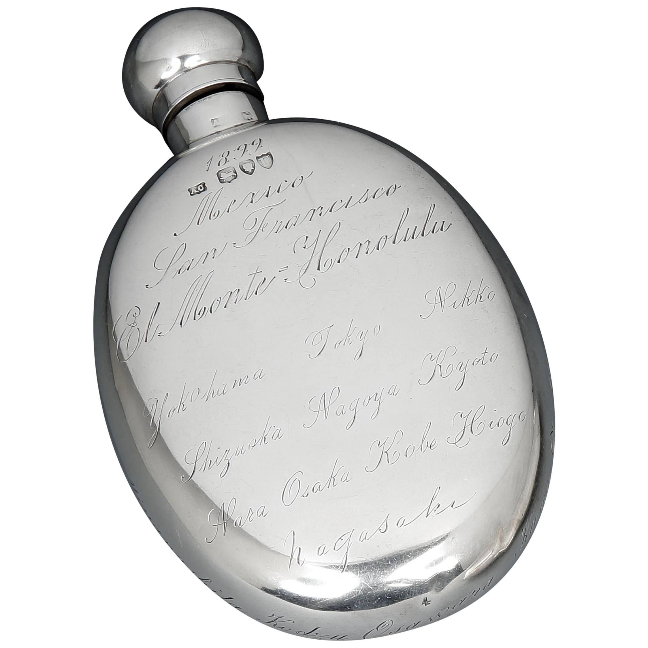 Gentleman's Sterling Silver 'World Tour' Hipflask, 1879 For Sale