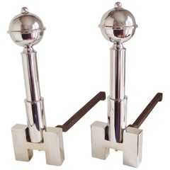 Pair of American Art Deco Chrome Geometric Andirons with Cast Iron Chenets