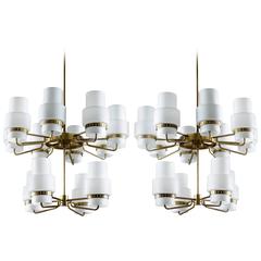 Large Chandeliers in Brass and Frosted Opaline Glass