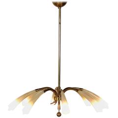 Midcentury Eight-Arm Brass Glass Chandelier Manufactured in Italy