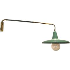 Extensible Gilded Brass, Lacquered Aluminum and Green Leather Wall Light