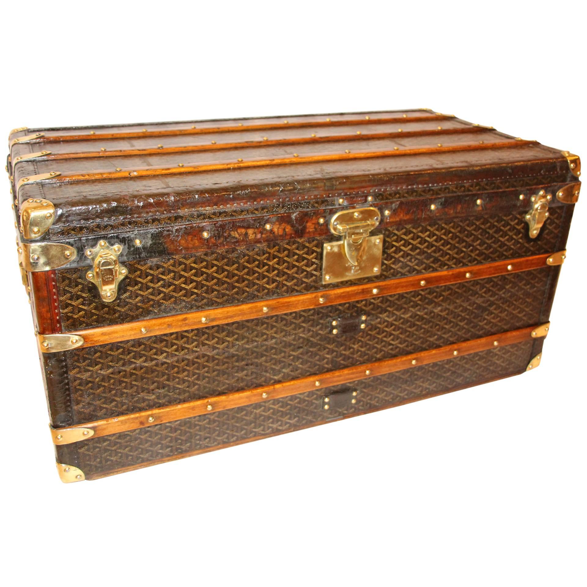 1920s Goyard Courrier Steamer Trunk, All Brass Fittings And Leather Trim