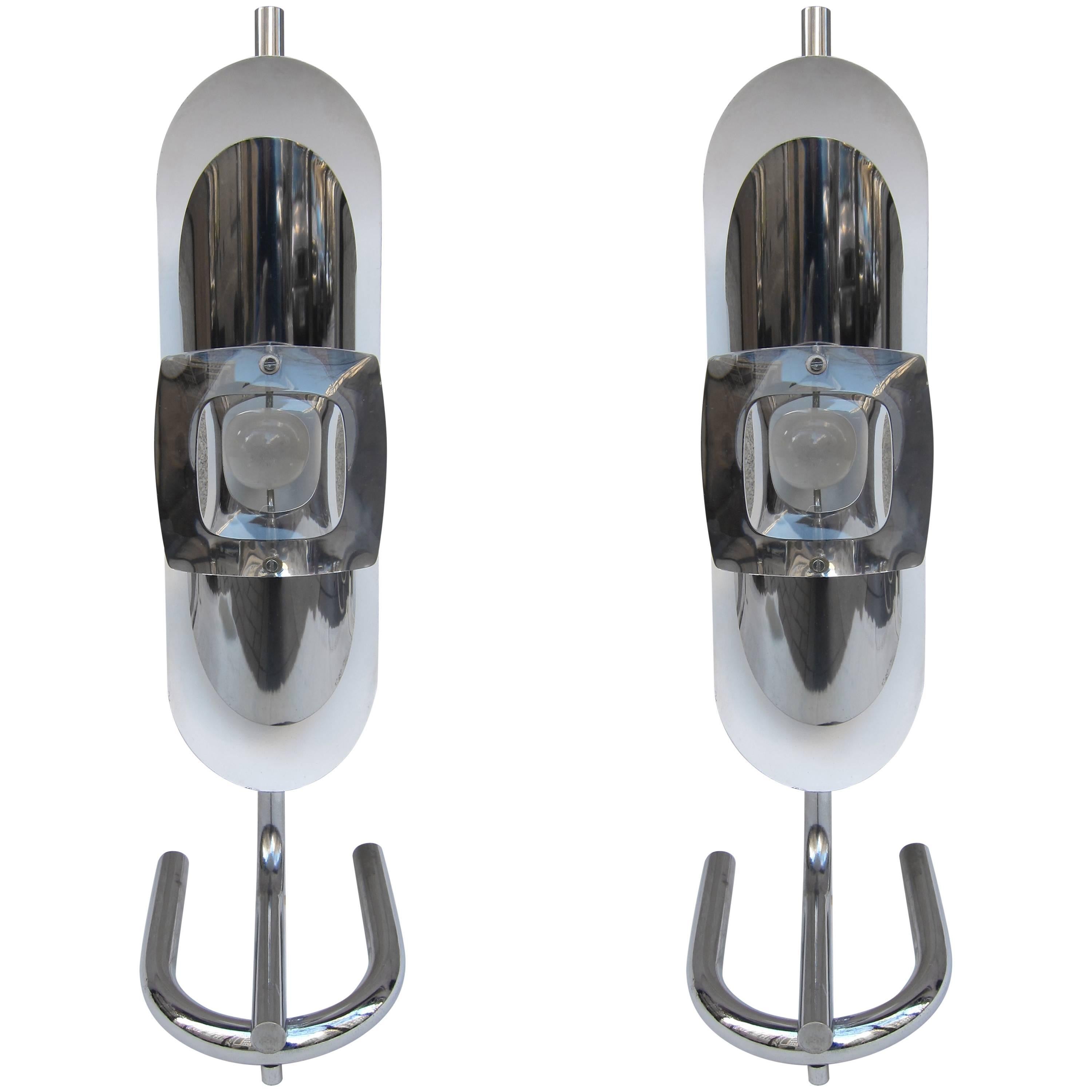 Pair of Chromed Steel with Lens Table Lamps in the Style of Max Ingrand For Sale